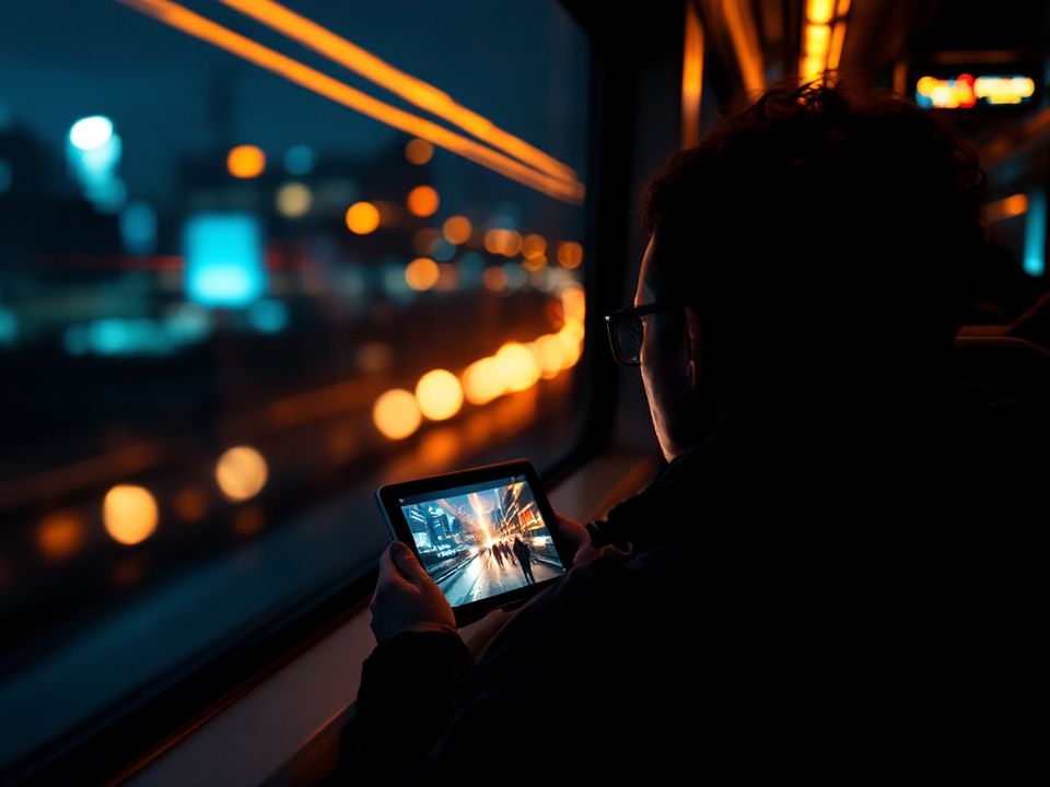 Seen from behind, a traveller on a night train watches a film on a tablet while city lights stream past the window.