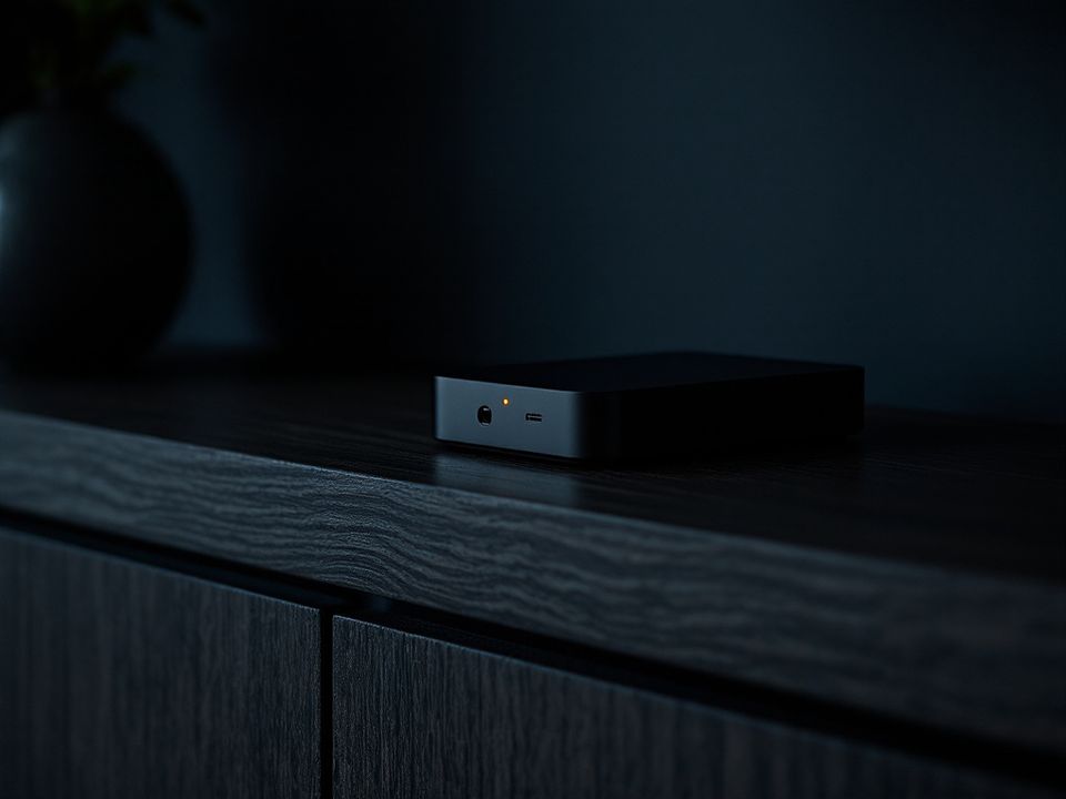 A small matte-black box with one amber light on a dark wooden shelf.