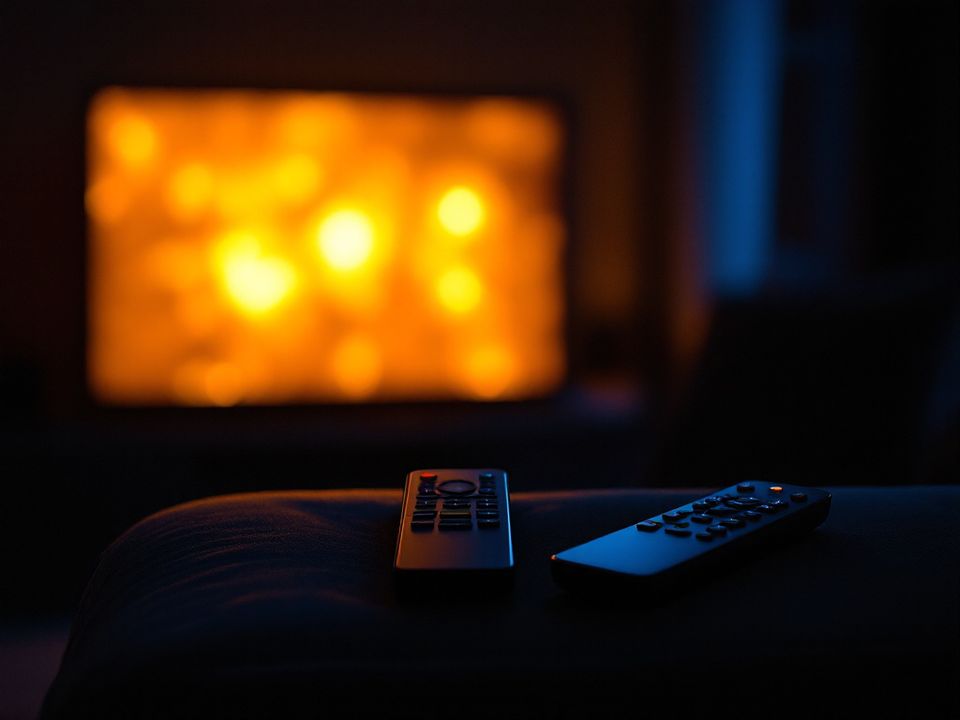 Two remote controls on the arm of a sofa, a television glowing out of focus behind them.